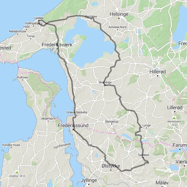 Map miniature of "Road Cycling Adventure: Liseleje to Frederiksværk" cycling inspiration in Hovedstaden, Denmark. Generated by Tarmacs.app cycling route planner