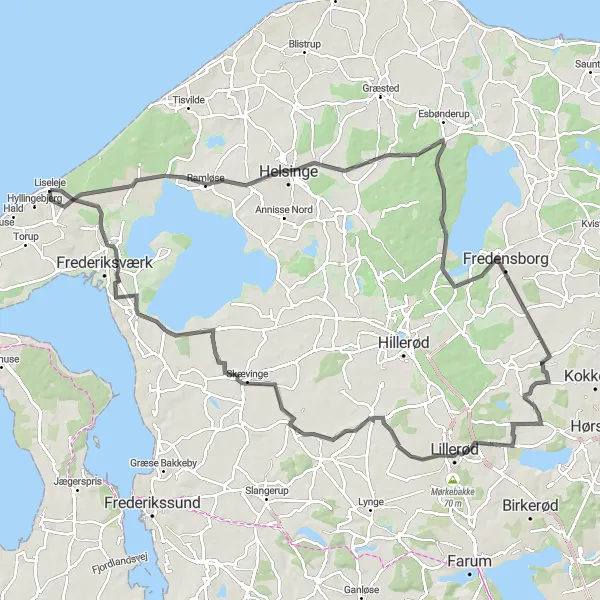 Map miniature of "Helsinge Loop" cycling inspiration in Hovedstaden, Denmark. Generated by Tarmacs.app cycling route planner