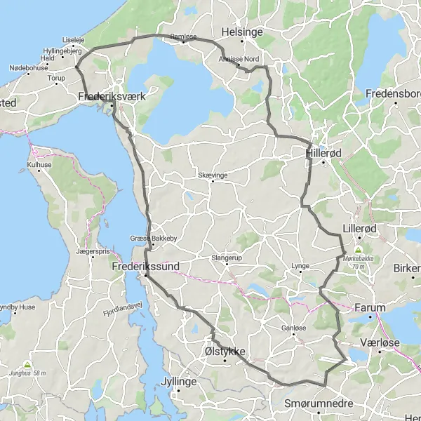 Map miniature of "Frederikssund Explorer" cycling inspiration in Hovedstaden, Denmark. Generated by Tarmacs.app cycling route planner