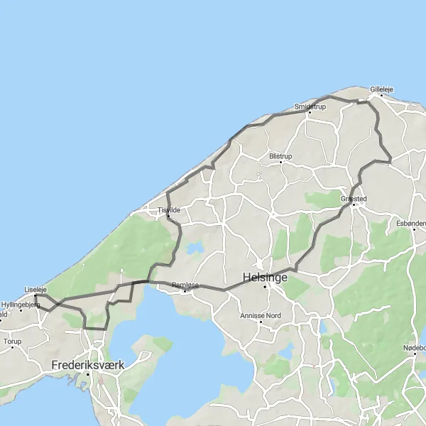 Map miniature of "Tisvildeleje Circuit" cycling inspiration in Hovedstaden, Denmark. Generated by Tarmacs.app cycling route planner