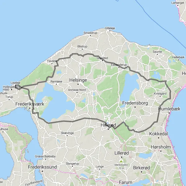 Map miniature of "Hillerød Loop" cycling inspiration in Hovedstaden, Denmark. Generated by Tarmacs.app cycling route planner