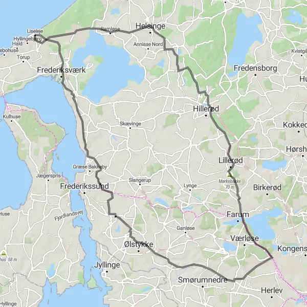 Map miniature of "Zigzag through Northern Zealand" cycling inspiration in Hovedstaden, Denmark. Generated by Tarmacs.app cycling route planner