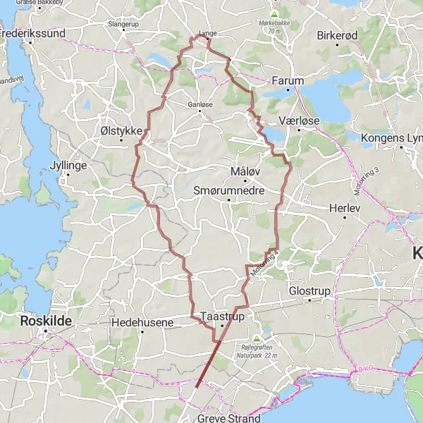 Map miniature of "The Hidden Trails" cycling inspiration in Hovedstaden, Denmark. Generated by Tarmacs.app cycling route planner