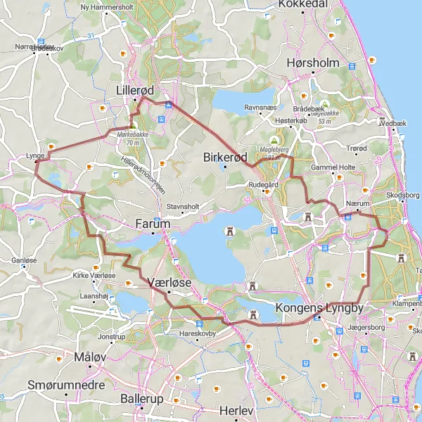 Map miniature of "The Gravel Adventure" cycling inspiration in Hovedstaden, Denmark. Generated by Tarmacs.app cycling route planner