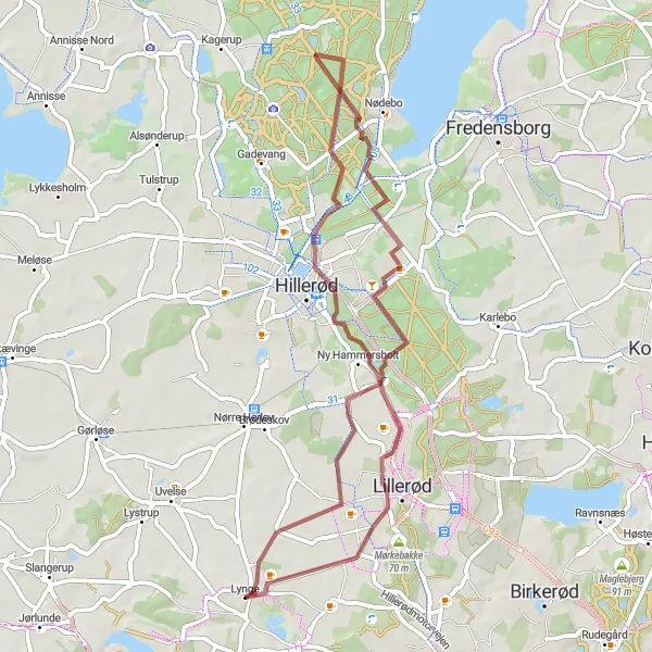 Map miniature of "The Lillerød Escape" cycling inspiration in Hovedstaden, Denmark. Generated by Tarmacs.app cycling route planner