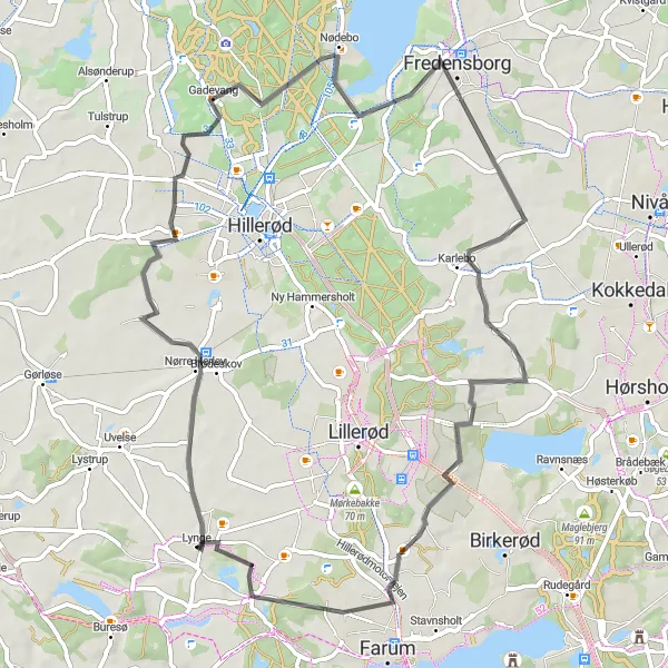 Map miniature of "Fredensborg-loop Road Ride" cycling inspiration in Hovedstaden, Denmark. Generated by Tarmacs.app cycling route planner