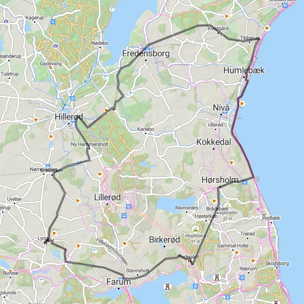 Map miniature of "Kollerød Road Adventure" cycling inspiration in Hovedstaden, Denmark. Generated by Tarmacs.app cycling route planner