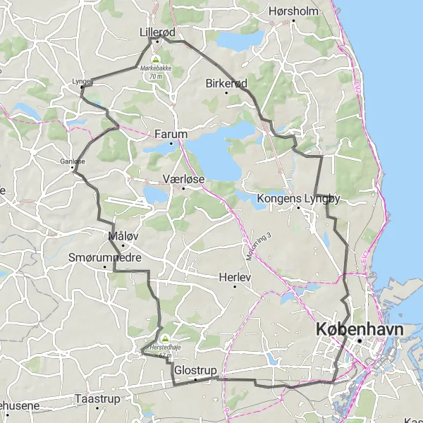 Map miniature of "Scenic Countryside Road Tour" cycling inspiration in Hovedstaden, Denmark. Generated by Tarmacs.app cycling route planner