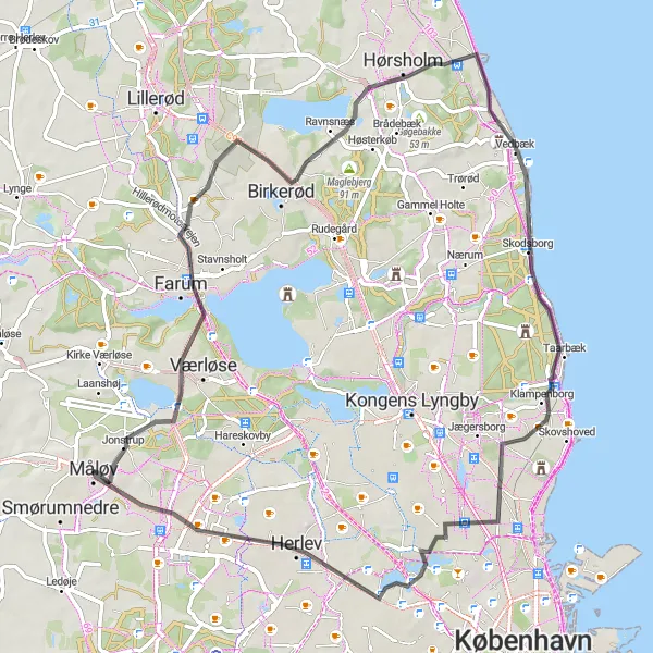Map miniature of "Måløv to Ballerup Loop" cycling inspiration in Hovedstaden, Denmark. Generated by Tarmacs.app cycling route planner