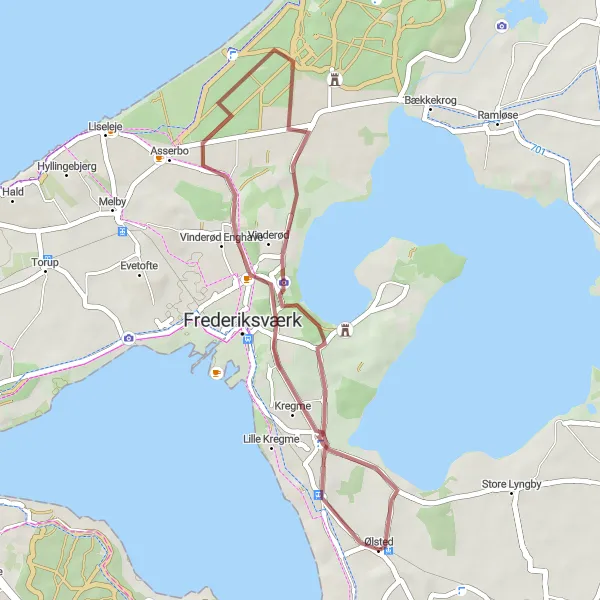 Map miniature of "Ølsted Gravel Rumble" cycling inspiration in Hovedstaden, Denmark. Generated by Tarmacs.app cycling route planner