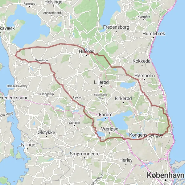 Map miniature of "The Gravel Adventure" cycling inspiration in Hovedstaden, Denmark. Generated by Tarmacs.app cycling route planner