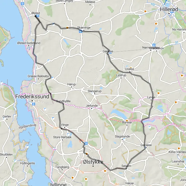 Map miniature of "Gørløse to Ølsted via Søsum and Græse" cycling inspiration in Hovedstaden, Denmark. Generated by Tarmacs.app cycling route planner