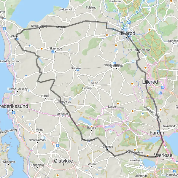 Map miniature of "Ølsted to Slangerup Loop" cycling inspiration in Hovedstaden, Denmark. Generated by Tarmacs.app cycling route planner