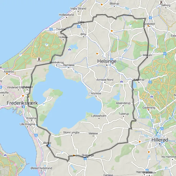 Map miniature of "Ølsted to Tisvilde Loop" cycling inspiration in Hovedstaden, Denmark. Generated by Tarmacs.app cycling route planner