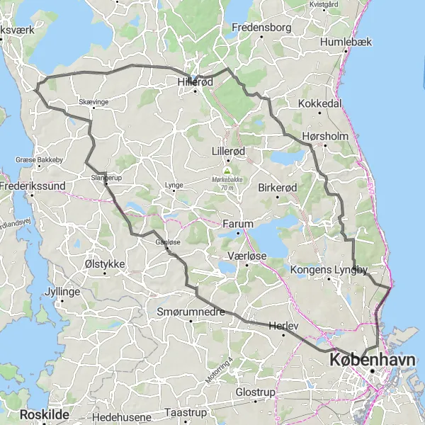 Map miniature of "Hillerød to Ølsted Loop" cycling inspiration in Hovedstaden, Denmark. Generated by Tarmacs.app cycling route planner