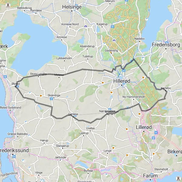 Map miniature of "The Coastal Cruise" cycling inspiration in Hovedstaden, Denmark. Generated by Tarmacs.app cycling route planner