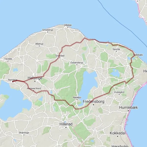 Map miniature of "Gravel Adventure to Hornbæk and Gurre" cycling inspiration in Hovedstaden, Denmark. Generated by Tarmacs.app cycling route planner