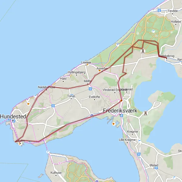 Map miniature of "Discover the Charms of Frederiksværk" cycling inspiration in Hovedstaden, Denmark. Generated by Tarmacs.app cycling route planner