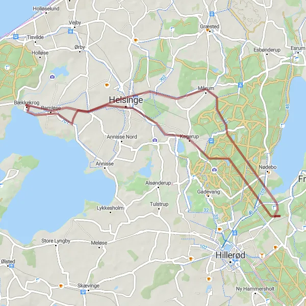 Map miniature of "Kagerup and Nødebo Gravel Ride" cycling inspiration in Hovedstaden, Denmark. Generated by Tarmacs.app cycling route planner