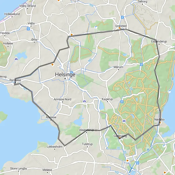 Map miniature of "Græsted - Ramløse Loop (Short)" cycling inspiration in Hovedstaden, Denmark. Generated by Tarmacs.app cycling route planner