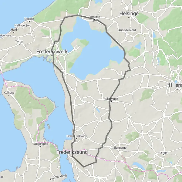 Map miniature of "Road Ride through Scenic Landscapes" cycling inspiration in Hovedstaden, Denmark. Generated by Tarmacs.app cycling route planner