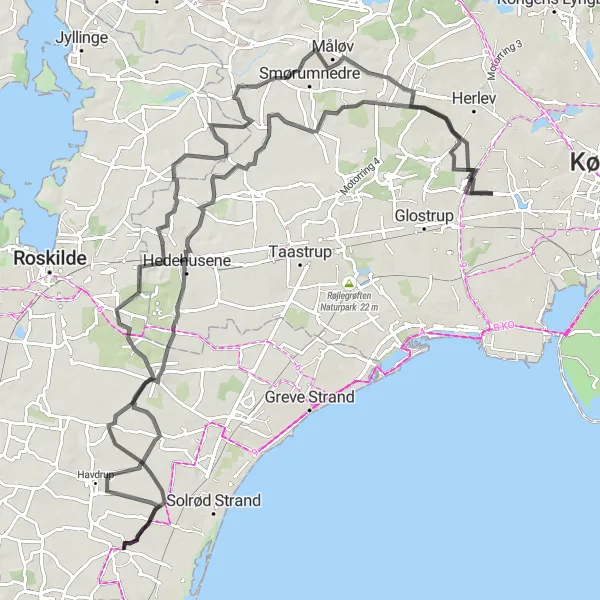 Map miniature of "Scenic Countryside Ride: Smørumnedre to Oxbjerget" cycling inspiration in Hovedstaden, Denmark. Generated by Tarmacs.app cycling route planner