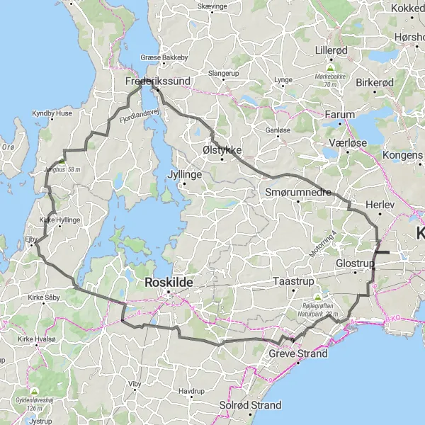 Map miniature of "Vestvolden and Coastal Ride" cycling inspiration in Hovedstaden, Denmark. Generated by Tarmacs.app cycling route planner