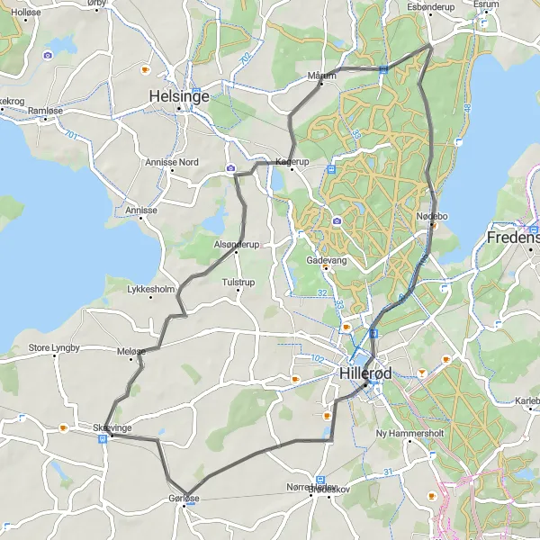 Map miniature of "Nødebo Loop" cycling inspiration in Hovedstaden, Denmark. Generated by Tarmacs.app cycling route planner