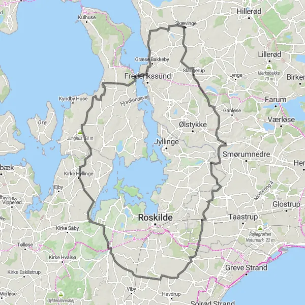 Map miniature of "Lejre Round" cycling inspiration in Hovedstaden, Denmark. Generated by Tarmacs.app cycling route planner