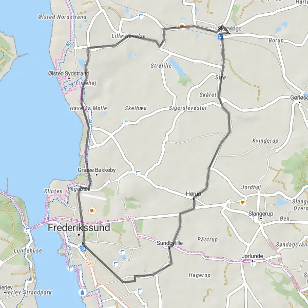 Map miniature of "Strø and Ølsted Beach Loop" cycling inspiration in Hovedstaden, Denmark. Generated by Tarmacs.app cycling route planner