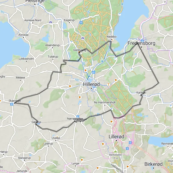 Map miniature of "Skævinge and Surroundings" cycling inspiration in Hovedstaden, Denmark. Generated by Tarmacs.app cycling route planner