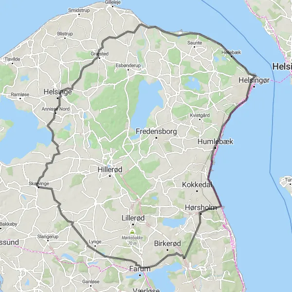 Map miniature of "Annisse and Hellebæk Loop" cycling inspiration in Hovedstaden, Denmark. Generated by Tarmacs.app cycling route planner