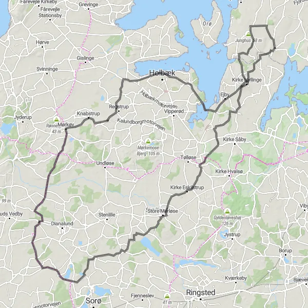 Map miniature of "Merløse Circuit" cycling inspiration in Hovedstaden, Denmark. Generated by Tarmacs.app cycling route planner