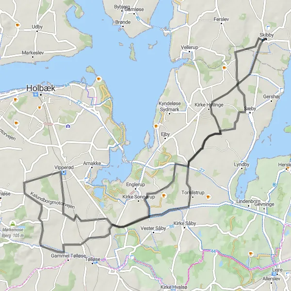 Map miniature of "Skibby to Torkilstrup Round Trip" cycling inspiration in Hovedstaden, Denmark. Generated by Tarmacs.app cycling route planner