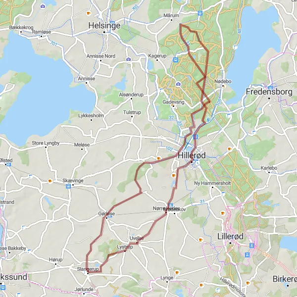 Map miniature of "Gravel Adventure near Slangerup" cycling inspiration in Hovedstaden, Denmark. Generated by Tarmacs.app cycling route planner