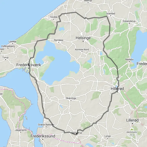 Map miniature of "Frederiksværk Adventure" cycling inspiration in Hovedstaden, Denmark. Generated by Tarmacs.app cycling route planner