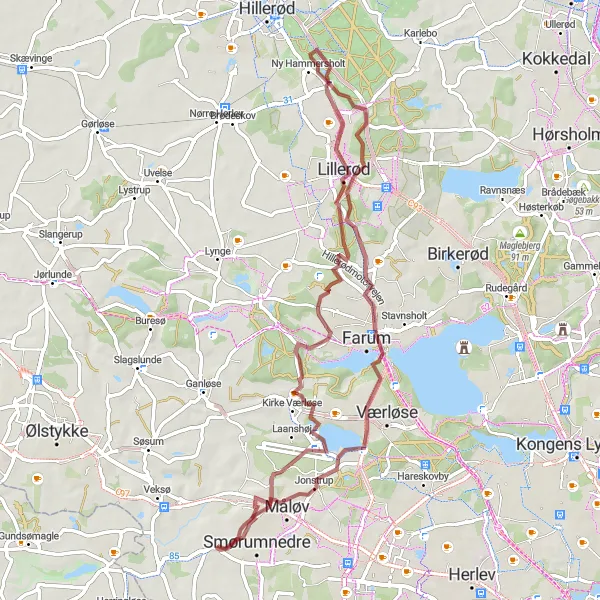 Map miniature of "Gravel Paradise and Serene Landscapes" cycling inspiration in Hovedstaden, Denmark. Generated by Tarmacs.app cycling route planner