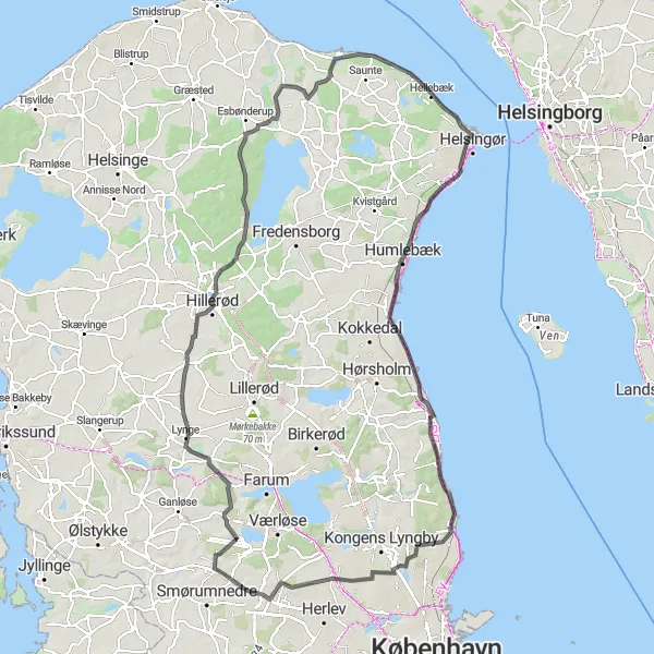 Map miniature of "The Castle Route" cycling inspiration in Hovedstaden, Denmark. Generated by Tarmacs.app cycling route planner