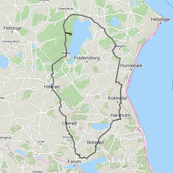 Map miniature of "Hørsholm and Stavnsholt Scenic Circuit" cycling inspiration in Hovedstaden, Denmark. Generated by Tarmacs.app cycling route planner
