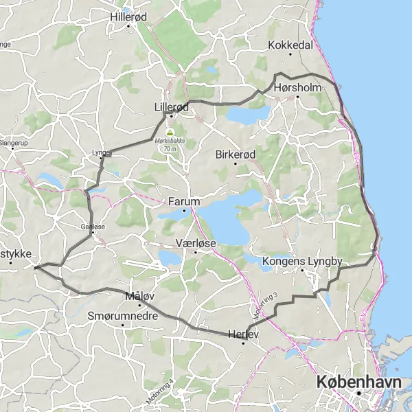 Map miniature of "Stenløse to Hørsholm Loop" cycling inspiration in Hovedstaden, Denmark. Generated by Tarmacs.app cycling route planner