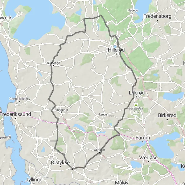 Map miniature of "Frederiksborg Adventure" cycling inspiration in Hovedstaden, Denmark. Generated by Tarmacs.app cycling route planner