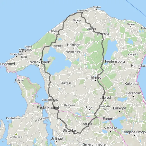 Map miniature of "Stenløse to Ølstykke Loop" cycling inspiration in Hovedstaden, Denmark. Generated by Tarmacs.app cycling route planner