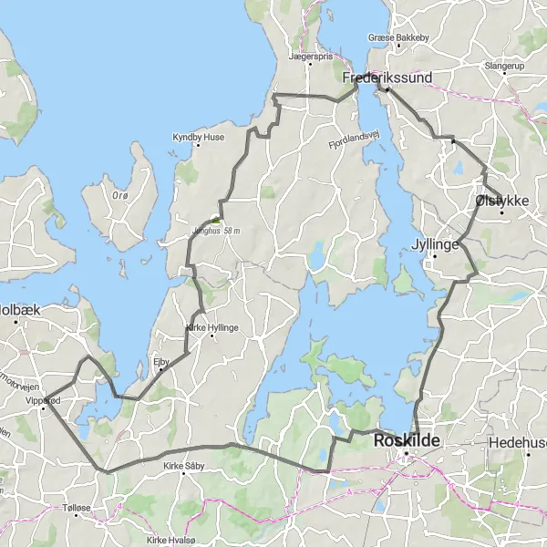 Map miniature of "The Roskilde-Frederikssund Challenge" cycling inspiration in Hovedstaden, Denmark. Generated by Tarmacs.app cycling route planner