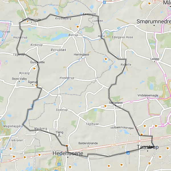 Map miniature of "The Countryside Adventure" cycling inspiration in Hovedstaden, Denmark. Generated by Tarmacs.app cycling route planner