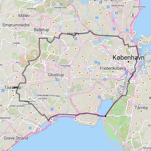 Map miniature of "The Cultural Trail" cycling inspiration in Hovedstaden, Denmark. Generated by Tarmacs.app cycling route planner