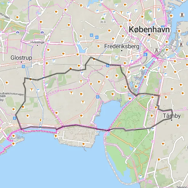 Map miniature of "Brøndby Road Circuit" cycling inspiration in Hovedstaden, Denmark. Generated by Tarmacs.app cycling route planner