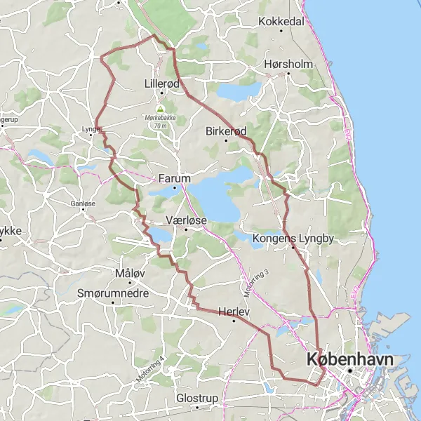 Map miniature of "Adventurous Gravel Ride to Holtekollen" cycling inspiration in Hovedstaden, Denmark. Generated by Tarmacs.app cycling route planner