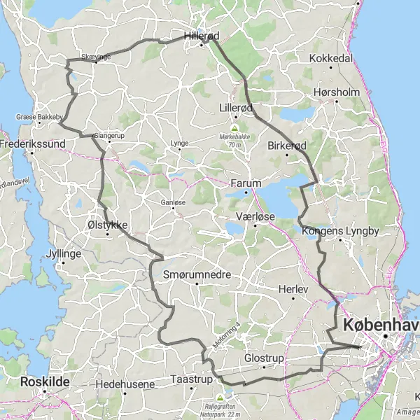 Map miniature of "Scenic Ride to Hillerød" cycling inspiration in Hovedstaden, Denmark. Generated by Tarmacs.app cycling route planner