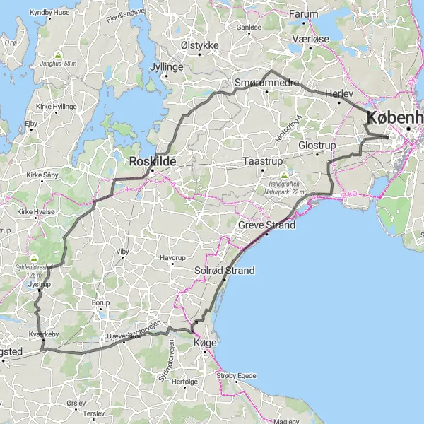 Map miniature of "Vestvolden and Jystrup" cycling inspiration in Hovedstaden, Denmark. Generated by Tarmacs.app cycling route planner