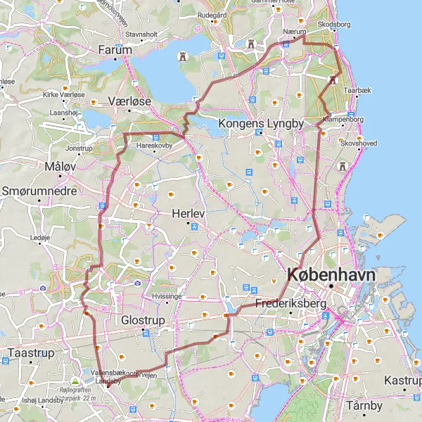 Map miniature of "Scenic Gravel Ride through the Suburbs" cycling inspiration in Hovedstaden, Denmark. Generated by Tarmacs.app cycling route planner